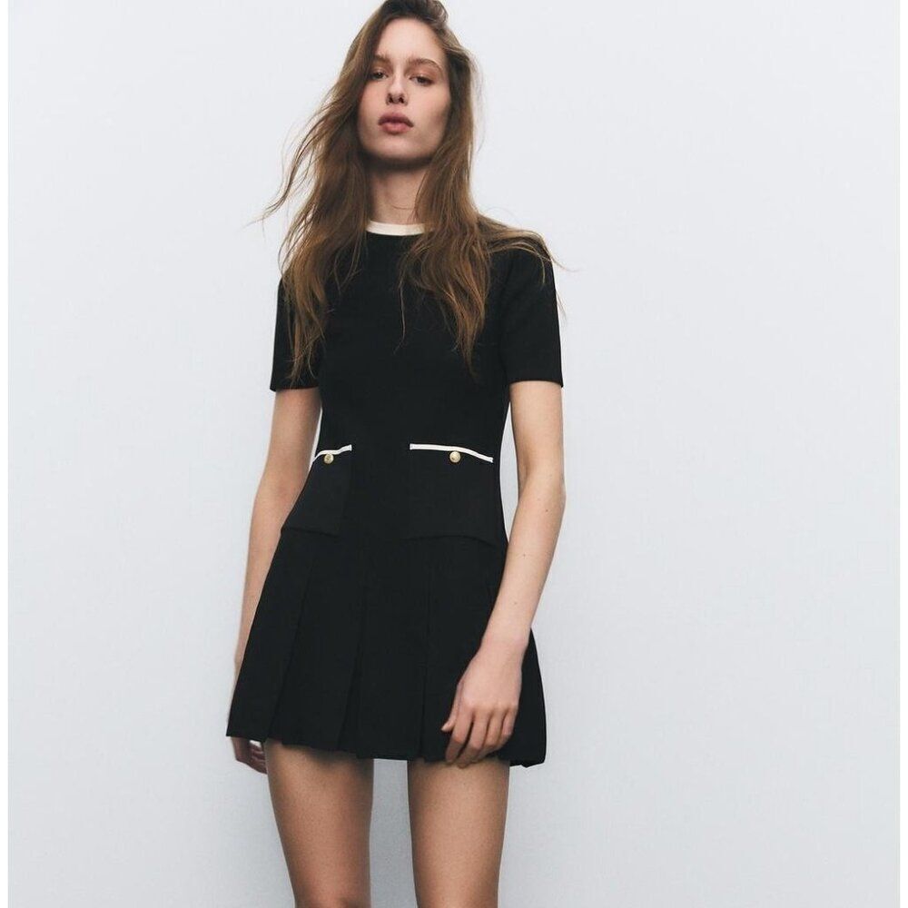 Zara Womens Dress Size S Black Knitted A-Line Mini Pleated Skirt 3859/125 NWT